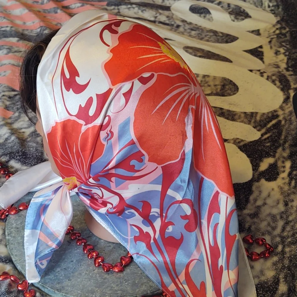 White Silky Red Flower Print Scarf
